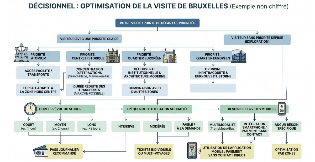 Schéma de décision pour choisir un bus touristique à Bruxelles selon ses priorités