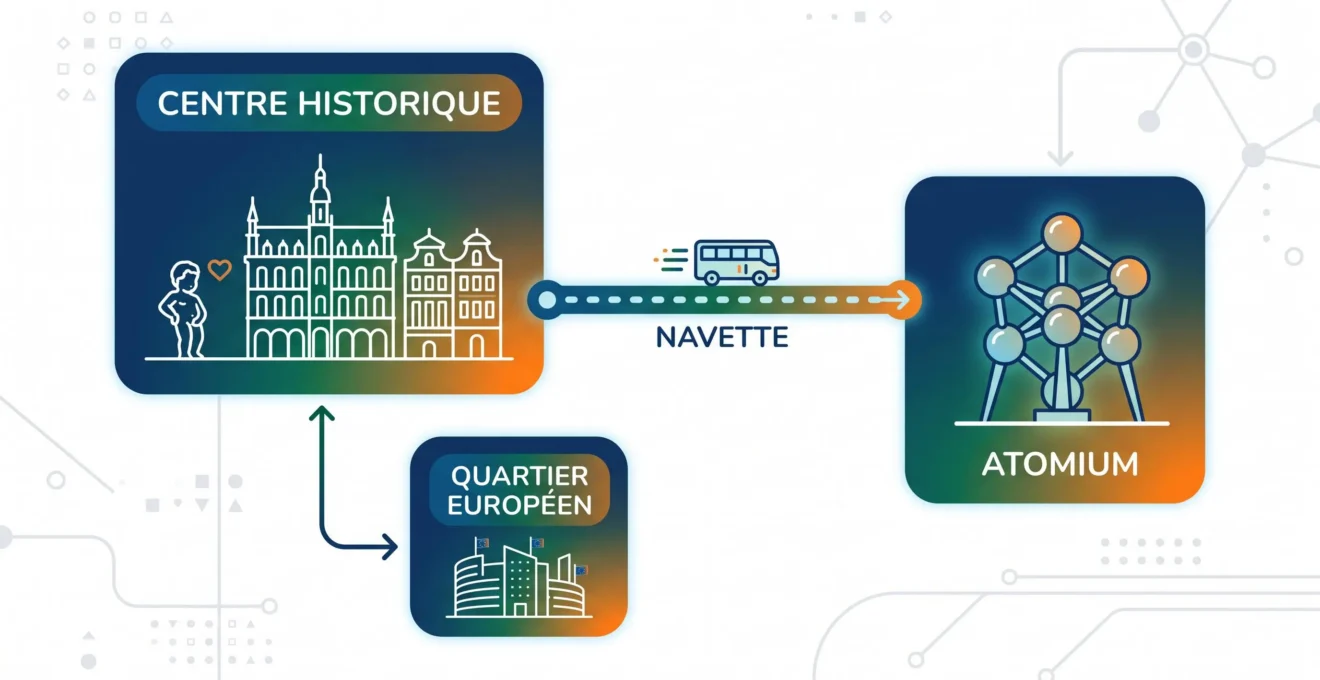 Schéma conceptuel reliant le centre de Bruxelles à l'Atomium en bus touristique